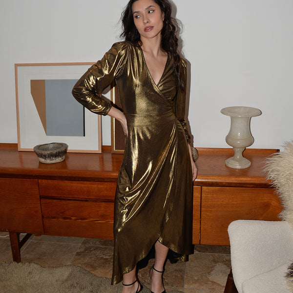 gold lame wrap dress Efficient , Buy Sosandar Metallic Plisse Custom-made Front Fit & Flare Midi dress