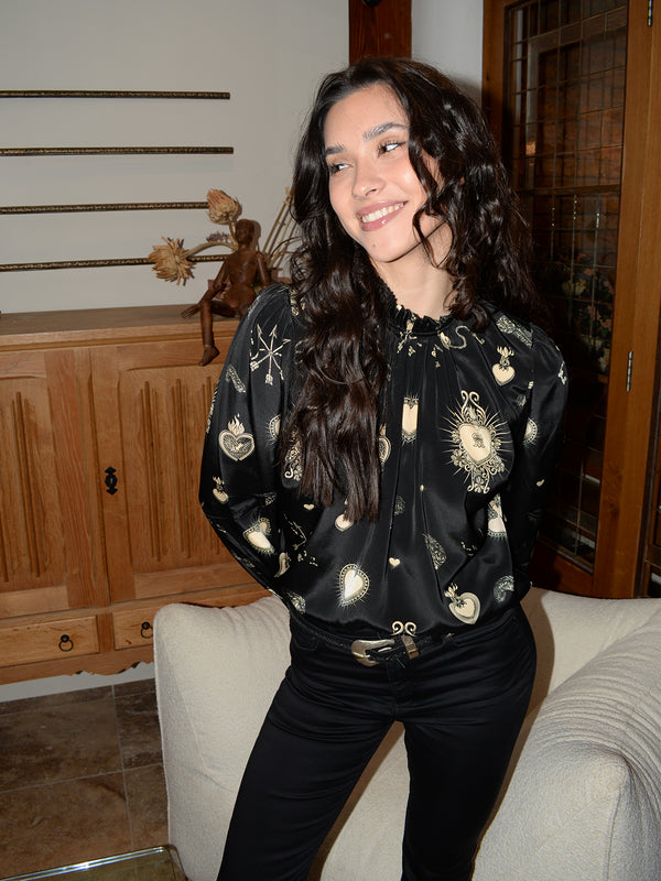 Victoria Blouse Black & Cream Hearts