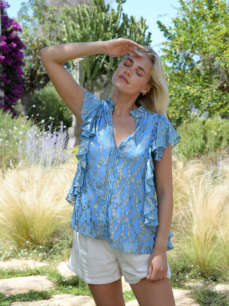 Eve Blouse Blue & Gold Spots