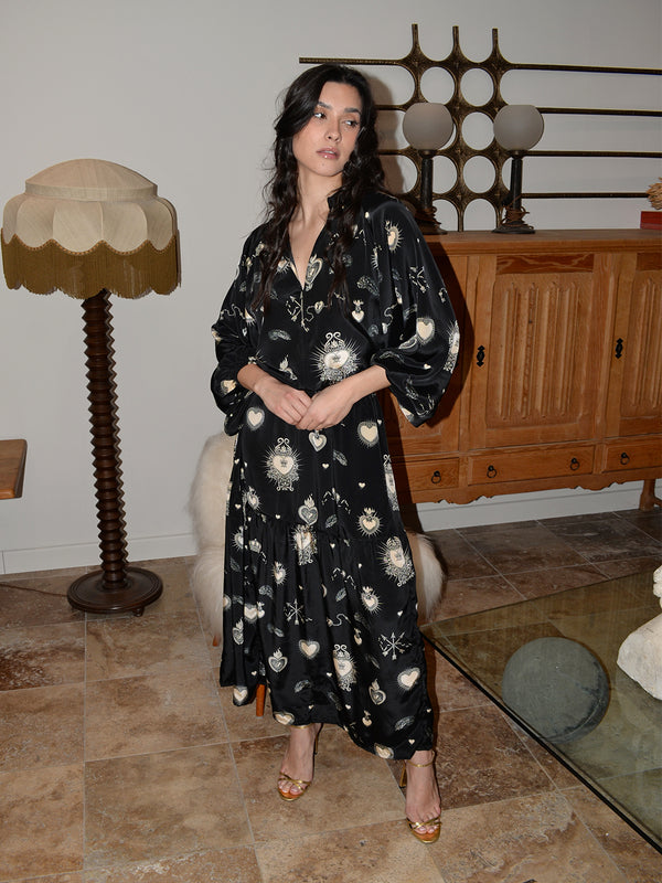 Leo Maxi Dress Black & Cream Hearts