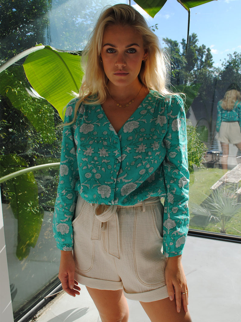 Betty Blouse Mint Flower Cotton