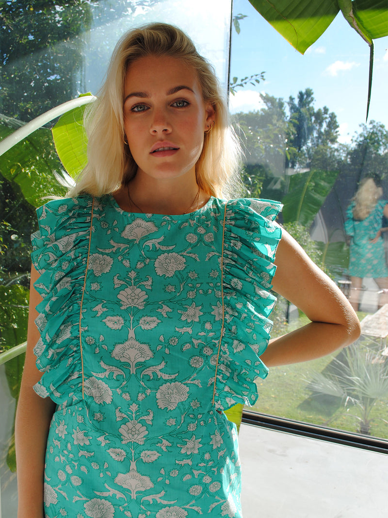 Claudia Mini Dress Mint Flower Cotton