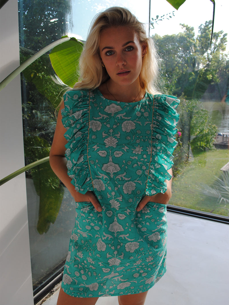 Claudia Mini Dress Mint Flower Cotton