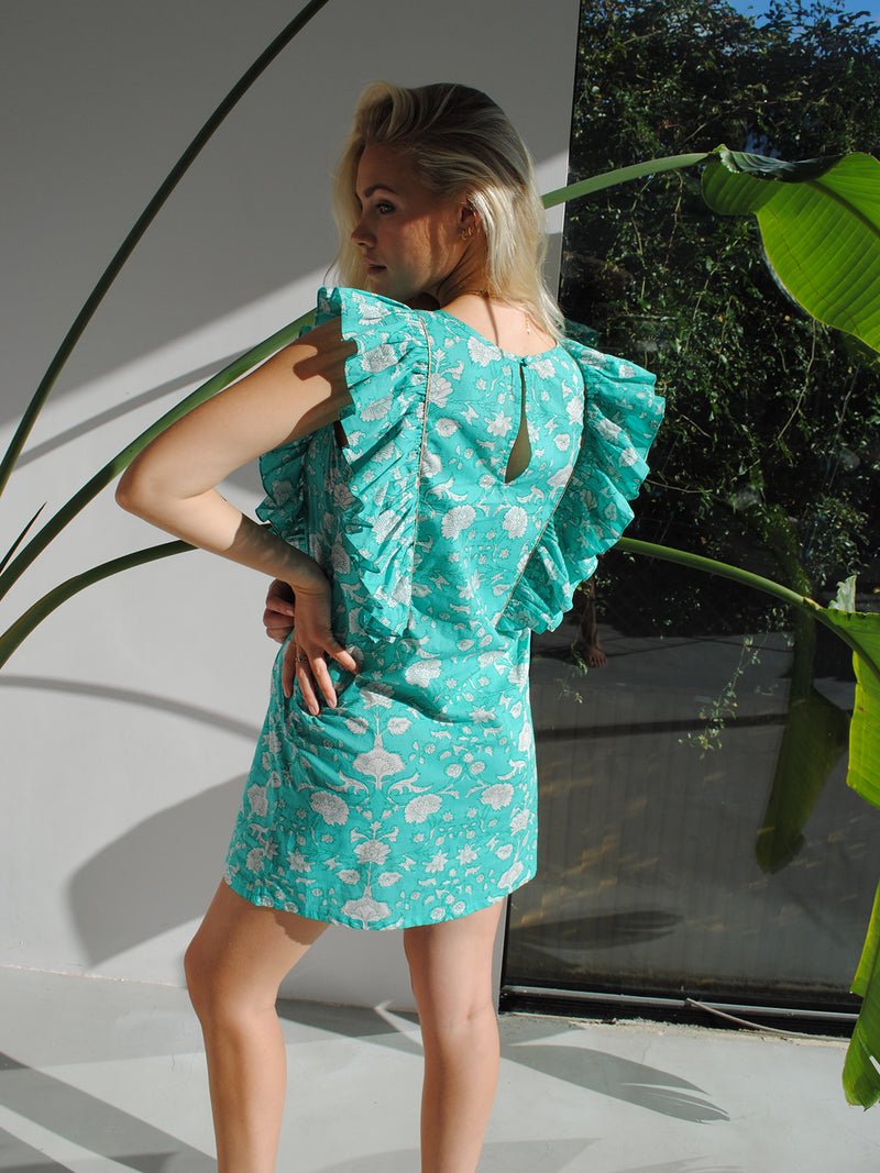 Claudia Mini Dress Mint Flower Cotton