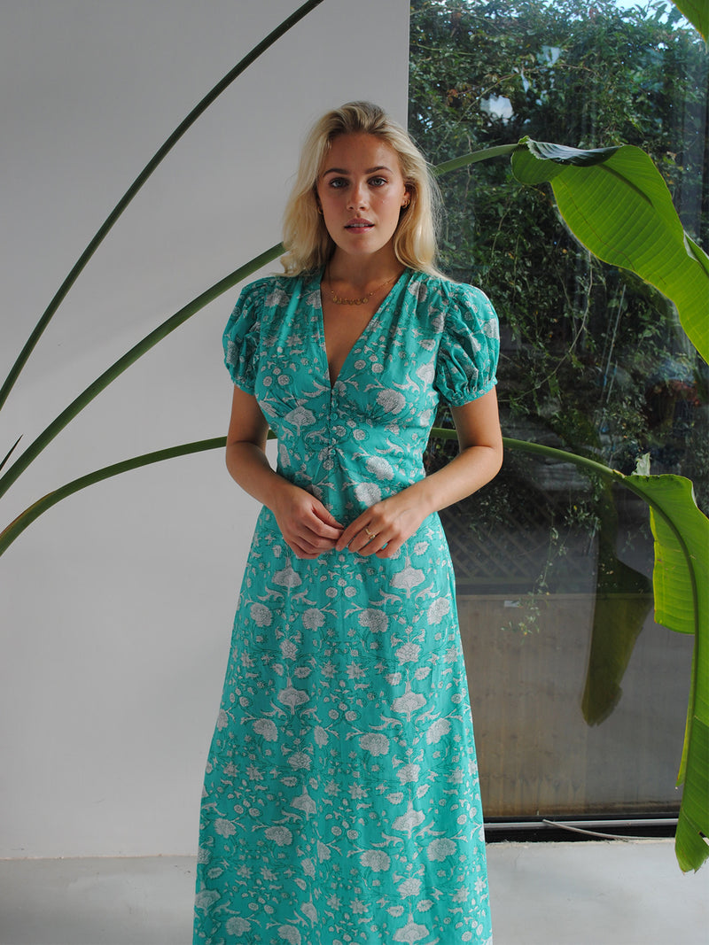 Evelyn Tea Dress Mint Flower Cotton