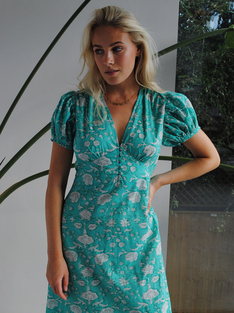 Evelyn Tea Dress Mint Flower Cotton