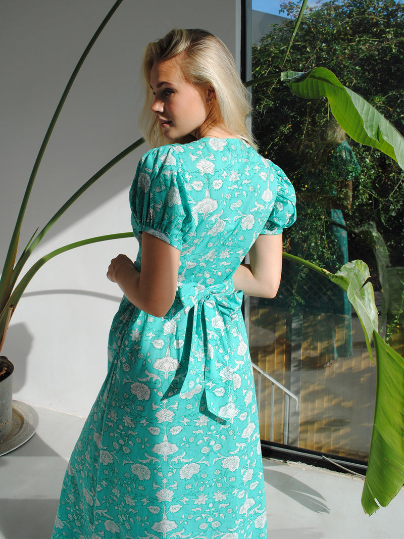 Evelyn Tea Dress Mint Flower Cotton