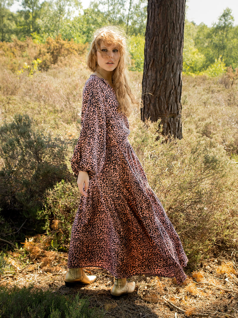 long sleeve leopard print maxi dress Apricot Leopard Print Tiered Wide Sleeve Maxi Dress